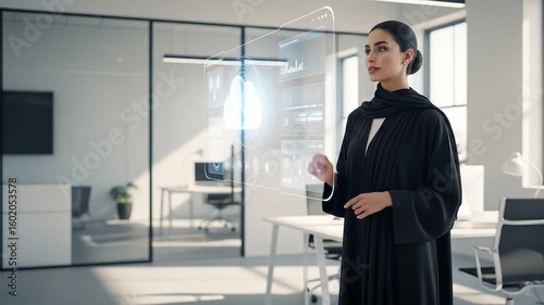 Wallpaper Mural Emirati Woman Using Advanced Digital Interface in Modern Office Setting Torontodigital.ca