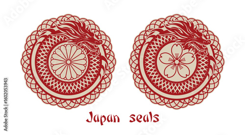 Vector set of vintage Japanese red seals. Ring dragon with coat of arms of Japan and sakura flower. Collection of icons, stickers and badges. Fantasy mythical folklore nippon ancient animal