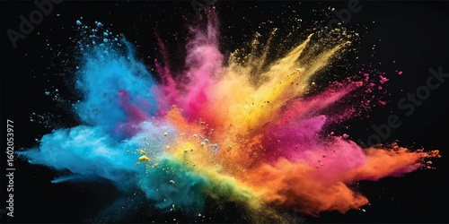 A vivid explosion of colorful powder against a dark background for artistic designs