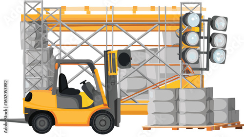 Construction worker pointing at tablet with crane load diagram on construction site with cranes present