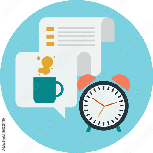 Illustration of a coffee cup in a speech bubble, alarm clock, and document against a blue background.