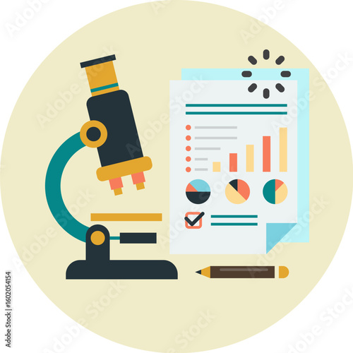 Illustration of a microscope next to a document with charts, graphs, and a pencil, set against a light yellow background.