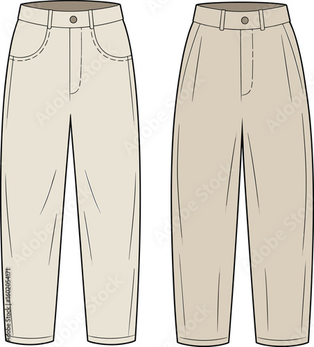 High-waist tapered trousers vector, front and back view, fashion flat sketch, women’s pants CAD drawing, technical clothing illustration