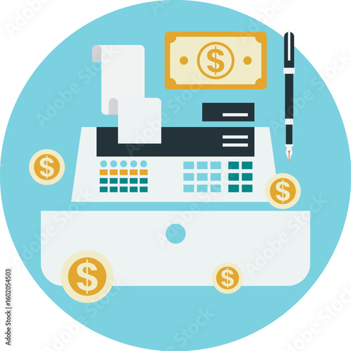 Cash register with receipt, money, and pen;  point of sale transaction illustration.