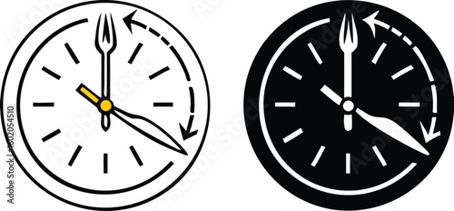 Intermittent Fasting Icons. Black and White Vector Illustration. Clock, Knife and Fork. Diet, Healthy Eating. Healthy Lifestyle. Weight Loss Concept
