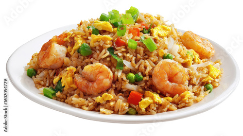 Delicious fried rice with shrimp, vegetables, and eggs on a white plate.
