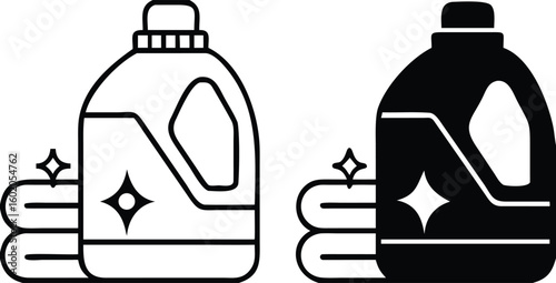 Detergent Icons. Black and White Vector Illustrations. Washing Powder and Towels. Plastic Container for Household Chemicals. Grocery Concept

