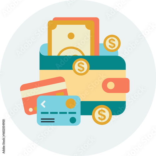 Wallet with cash, credit cards, and coins;  financial resources illustration.