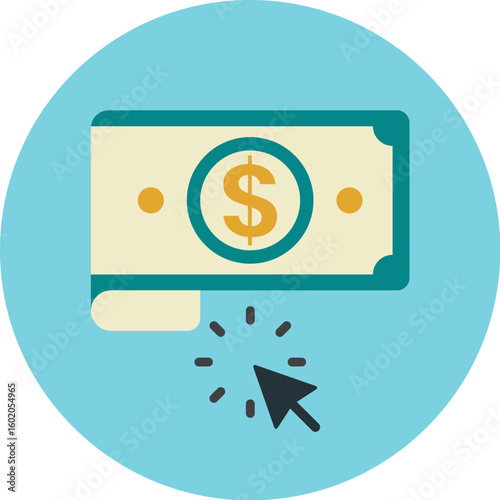 An illustration of a dollar bill being clicked on by a cursor, set against a blue circular background.