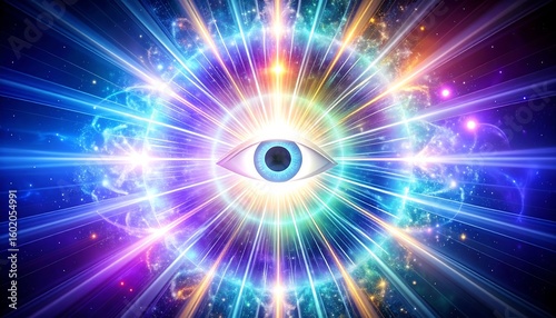 Dynamic abstract illustration of an eye symbol with a colorful light burst, conveying spiritual awareness and universal energy.