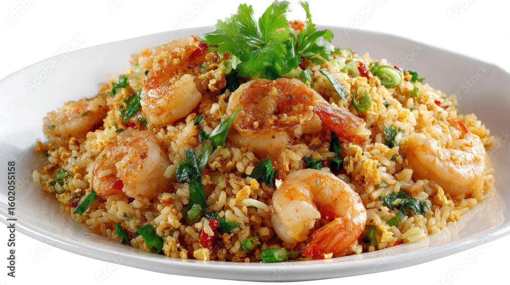 Delicious shrimp fried rice garnished with fresh herbs, perfect for culinary enthusiasts. Delicious shrimp fried rice garnished with fresh herbs, perfect for culinary enthusiasts.