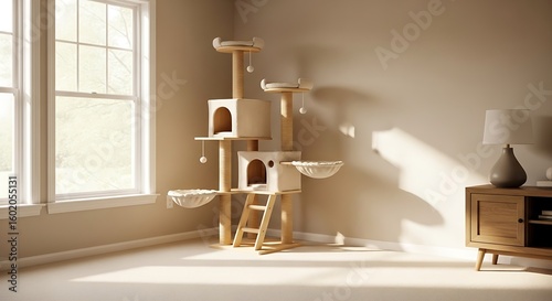 Cat tree stands in a bright, sunlit room next to a window, with a wooden cabinet and lamp visible in the background.