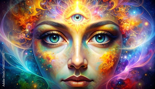 Ethereal face with a glowing third eye, conveying spiritual awakening and inner wisdom.
