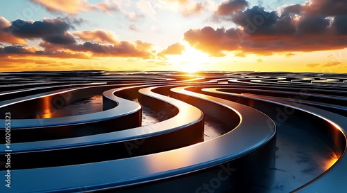 Serene sunset over metallic waves reflecting vibrant colors in a tranquil landscape