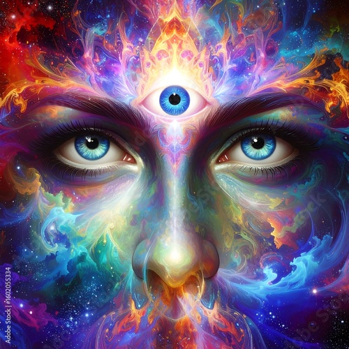 Ethereal face with a glowing third eye, conveying profound wisdom and cosmic connection.