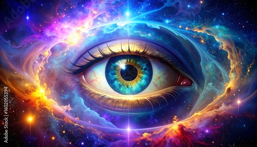 Highly detailed glowing third eye within a cosmic nebula, conveying spiritual insight and universal knowledge.