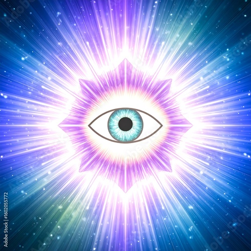 Dynamic abstract illustration of an eye symbol with a radiant light burst, conveying spiritual insight and energetic awakening.