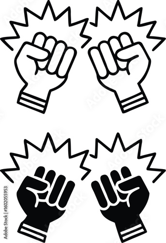 Fighting Game Icons. Black and White Vector Icons. Hands Clenched into Fists and Ready for Battle. Combat Competitions, Boxing. Game Concept
