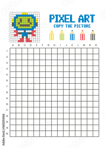 Copy the picture grid drawing worksheet for kids. Pixel art robot