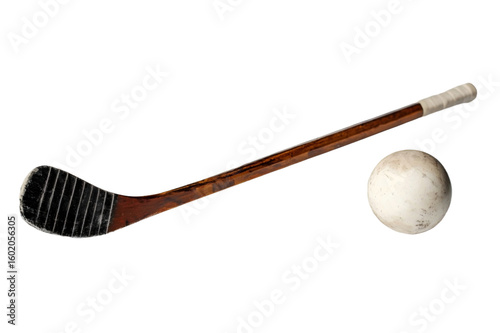 A hockey stick and ball on transparent background 