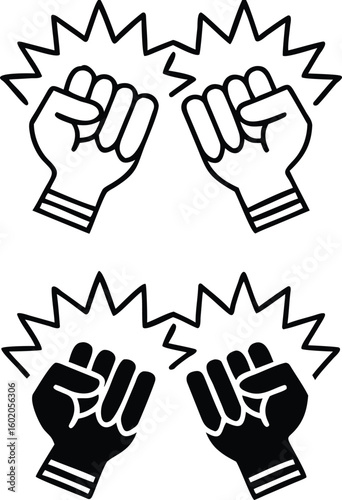 Fighting Game Icons. Black and White Vector Icons. Hands Clenched into Fists and Ready for Battle. Combat Competitions, Boxing. Game Concept
