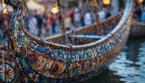 Closeup view of an intricate mosaic boat design with tiny colorful tiles, artistic patterns, and a soft blurred crowd in the distant background.
