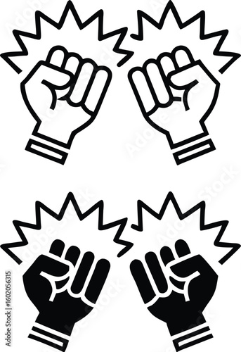 Fighting Game Icons. Black and White Vector Icons. Hands Clenched into Fists and Ready for Battle. Combat Competitions, Boxing. Game Concept
