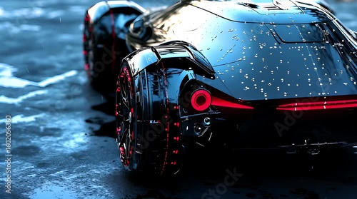 Sleek futuristic car design with illuminated wheels parked on a wet surface during rain