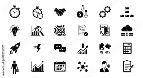 A comprehensive collection of business and productivity icons representing time management, financial analysis, and strategic planning elements for professional use