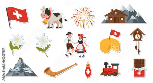A delightful collection of swiss culture elements featuring the iconic swiss flag, traditional cheese, majestic mountains, and festive celebrations