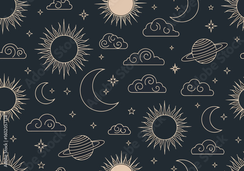 A mystical celestial pattern features line art of suns, crescent moons, ringed planets, and stars against a dark, night-sky background.