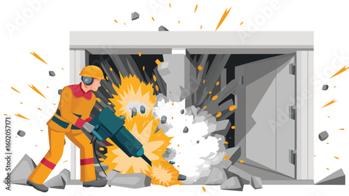 Construction worker demolishing a wall with a jackhammer in a safety suit and hard hat gear at a building site