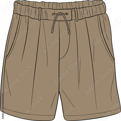 Men’s elastic waist casual shorts with drawstring, front view fashion cad drawing flat vector illustration in brown color