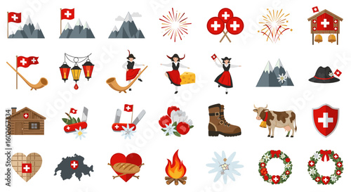 A vibrant collection of swiss cultural icons featuring traditional symbols, scenic landscapes, and festive elements for celebrating swiss heritage and identity