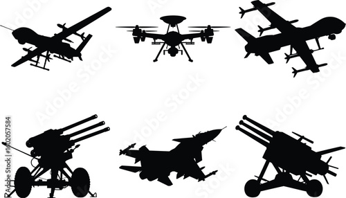 Air Defense System Silhouette Bundle – Missile Launchers, Radars & Military Equipment Vectors. Anti-Aircraft Silhouette Pack – Surface-to-Air Missiles, Radar Units & Combat Systems, Military Defense.