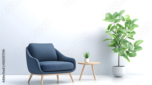 Modern interior design of apartment. Cozy living room with blue sofa, coffee tables, bookshelf and armchairs