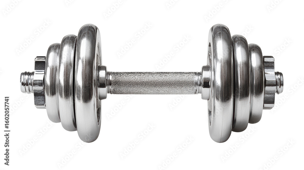Fototapeta premium Shiny metallic dumbbell on white isolated background for fitness and weight training purposes.
