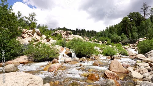 wide shot of river with sound of water rushing by as it moves downhill into alluvial fan with audio