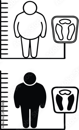Body Mass Index Icons. Black and White Vector Illustration. Overweight Man, Bathroom Scale and Height Measurement Scale. Healthy Eating. Healthy Lifestyle. Weight Loss Concept

