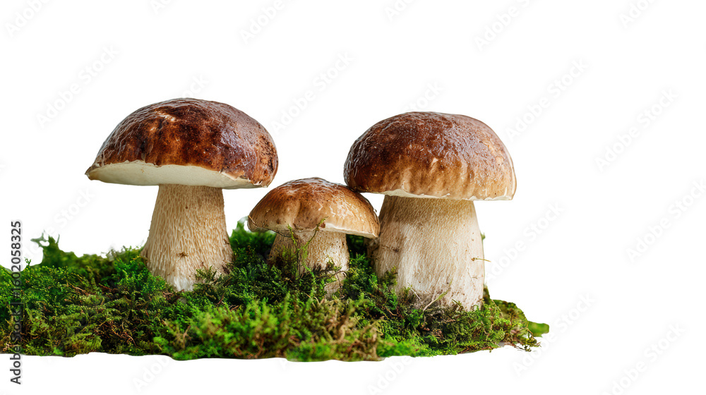 Three mushrooms growing on green moss, isolated on a white background. Three mushrooms growing on green moss, isolated on a white background.