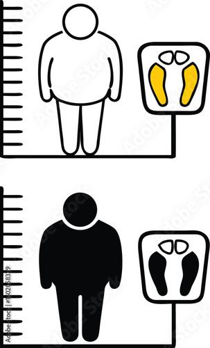 Body Mass Index Icons. Black and White Vector Illustration. Overweight Man, Bathroom Scale and Height Measurement Scale. Healthy Eating. Healthy Lifestyle. Weight Loss Concept
