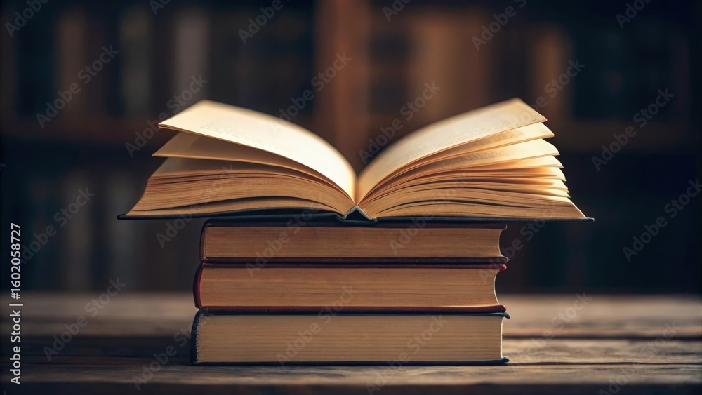 Fototapeta premium Open book glowing atop a stack — unlocking wisdom in quiet study