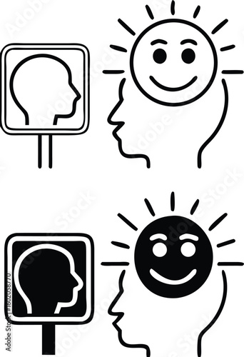 Positive Self Talk Icons. Black and White Vector Icons of Positive Person and Reflection in the Mirror. Mental Health. Positive Thinking Concept
