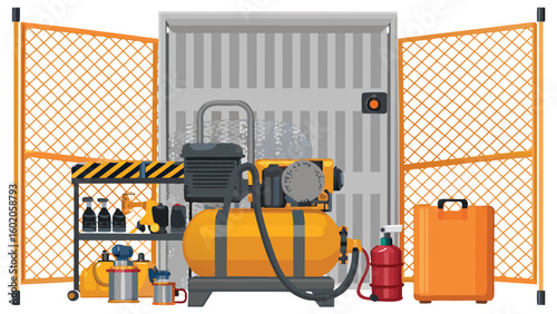 Illustration of a storage unit with an air compressor and various tools and equipment inside it
