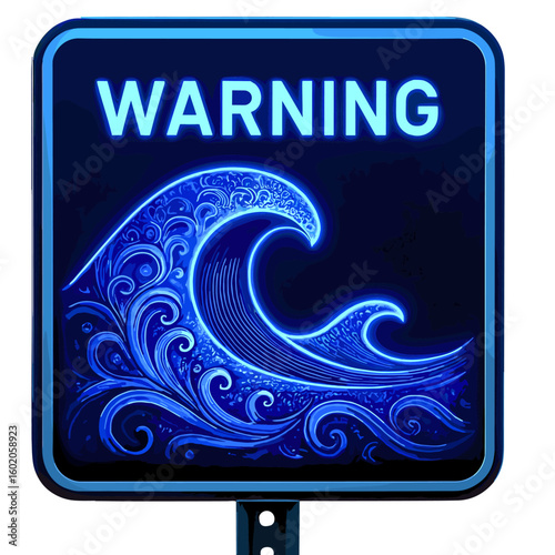 Warning sign indicating high tide and wave hazards at a coastal location