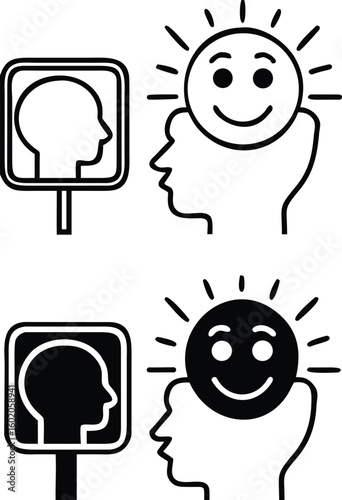 Positive Self Talk Icons. Black and White Vector Icons of Positive Person and Reflection in the Mirror. Mental Health. Positive Thinking Concept
