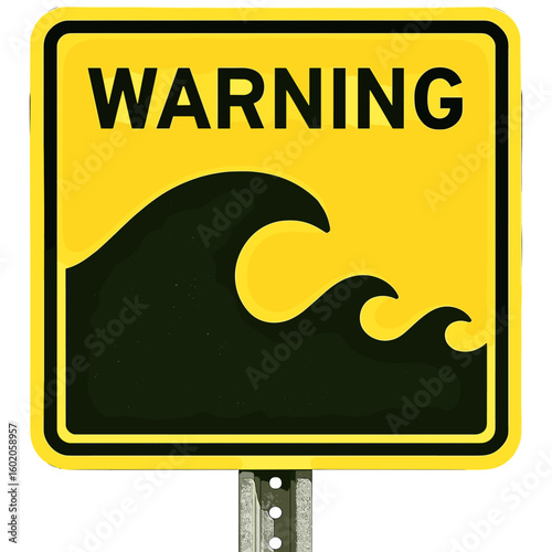Caution sign indicating strong waves near a beachfront area during daylight hours