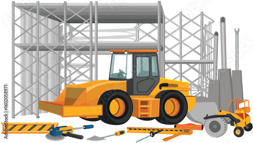Illustration of a yellow road roller with scaffolding and construction tools in the foreground