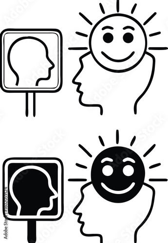 Positive Self Talk Icons. Black and White Vector Icons of Positive Person and Reflection in the Mirror. Mental Health. Positive Thinking Concept
