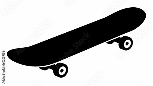 Illustration of a black skateboard with wheels on a white background showing skateboarding equipment